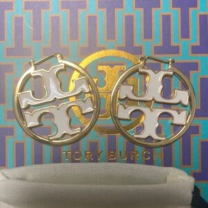 Tory Burch Gold and White Hoop Earrings